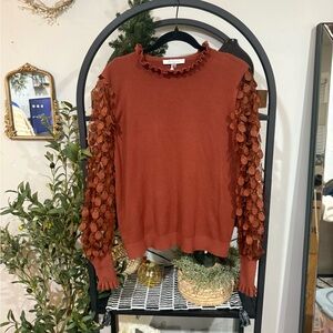 Sioni Rust Crew Neck Sweater with ruffled neckline, see-through sleeves large